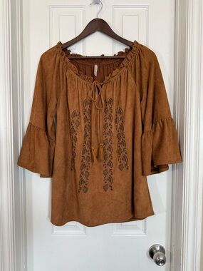 Mittoshop Faux Suede Embroidered Boho Peasant Blouse Bell Sleeve Size S